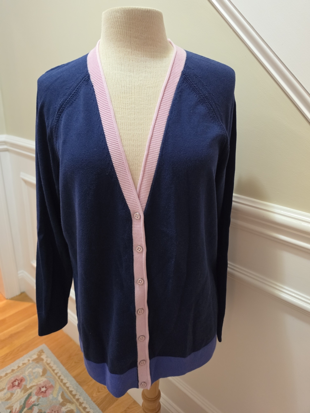 Talbots Navy Cardigan with Pink Trim and Blue Hem